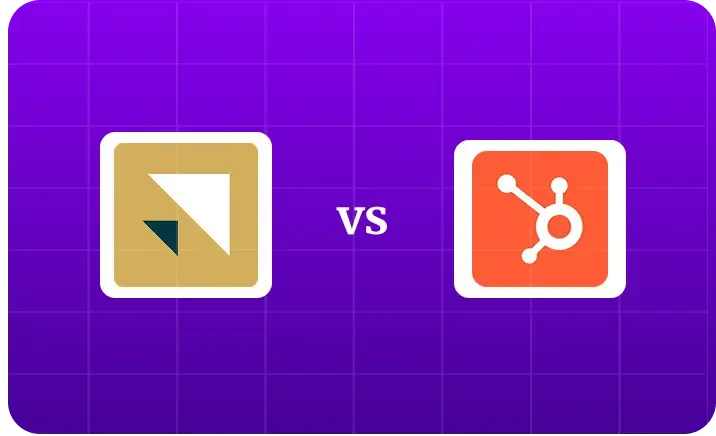 Comparison graphic showing Attio vs HubSpot CRM logos on a purple grid background.